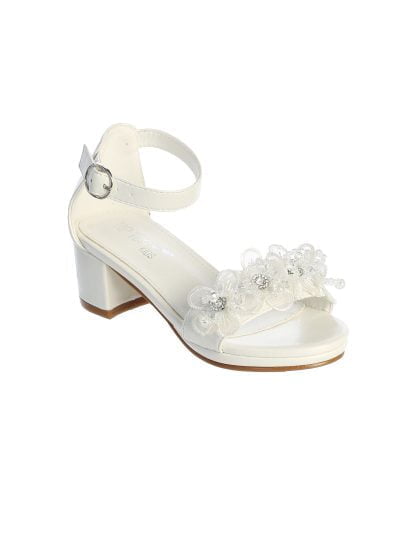 Elegant White Floral Sandals featuring ankle strap, crystal flower embellishments, and low block heel