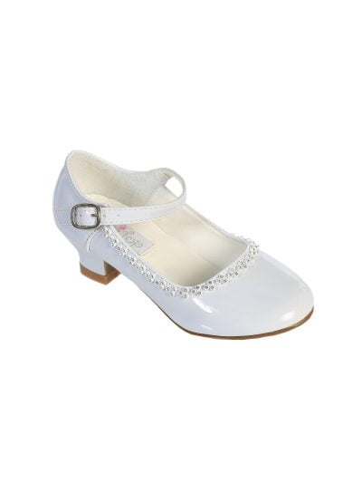 White flower girl Mary Jane shoes with pearl accent trim and low heel