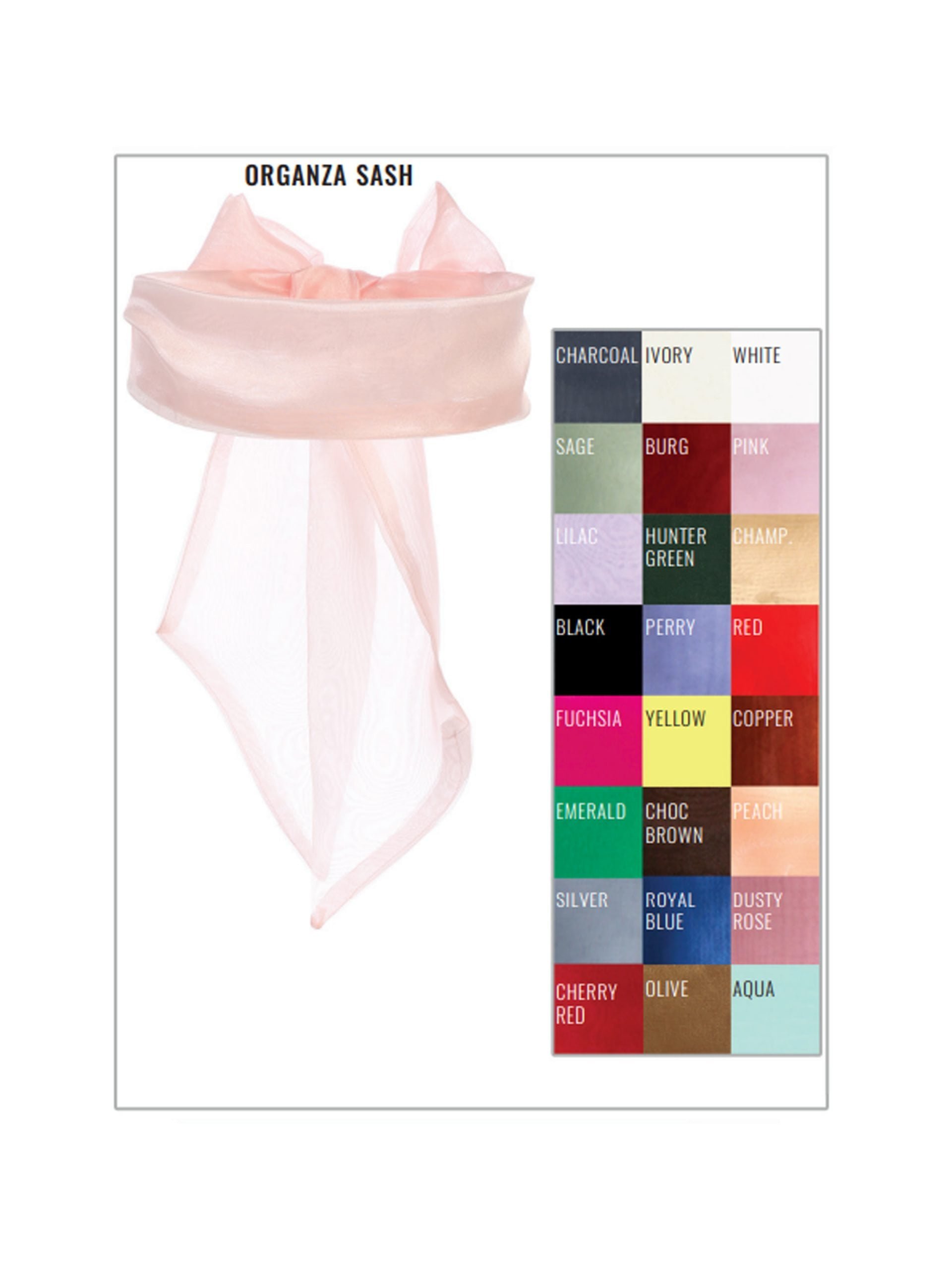sash_organza Elegant Organza Sash in soft pink with multiple color options including ivory, burgundy, and royal blue