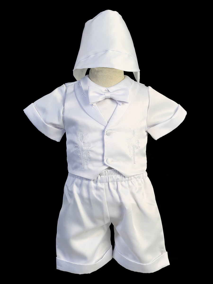 3734 baby boys christening outfit with vest, bow tie, shorts, and matching bonnet