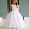 girls white communion dress with lace bodice, cap sleeves, and tulle skirt