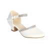 white kids party shoes with rhinestone ankle strap and low heel